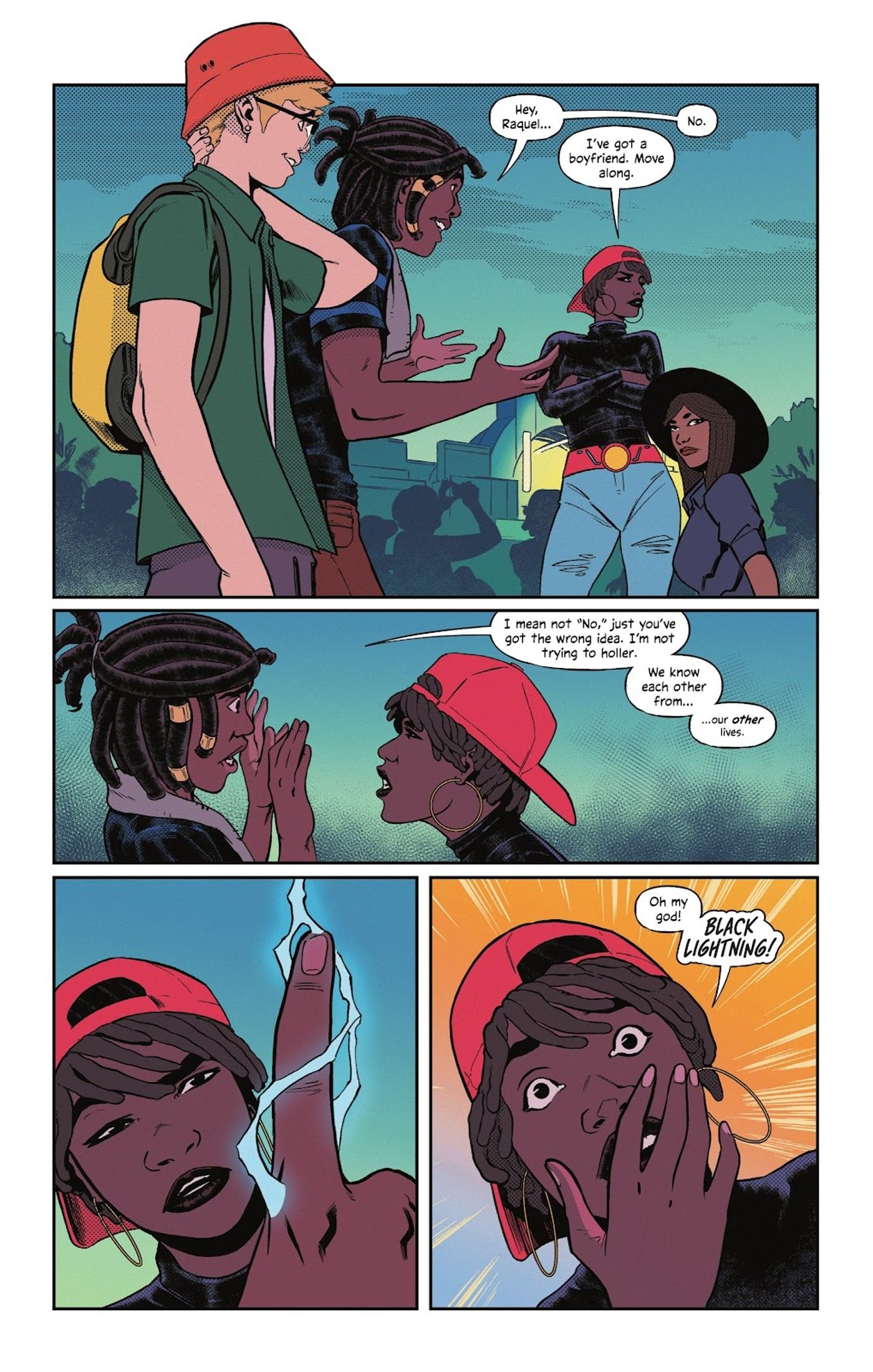 Rocket descobre que Virgil é o super-herói Static, mas pensa que ele é o Raio Negro no primeiro aniversário da DC Milestone