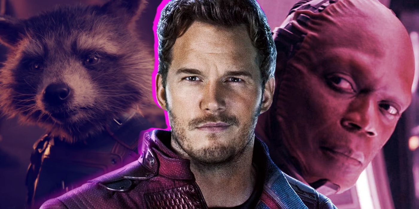 Split Image: Rocket Raccoon (Bradley Cooper), Star-Lord (Chris Pratt), and High Evolutionary (Chukwudi Iwuji) in Guardians of the Galaxy Vol. 3