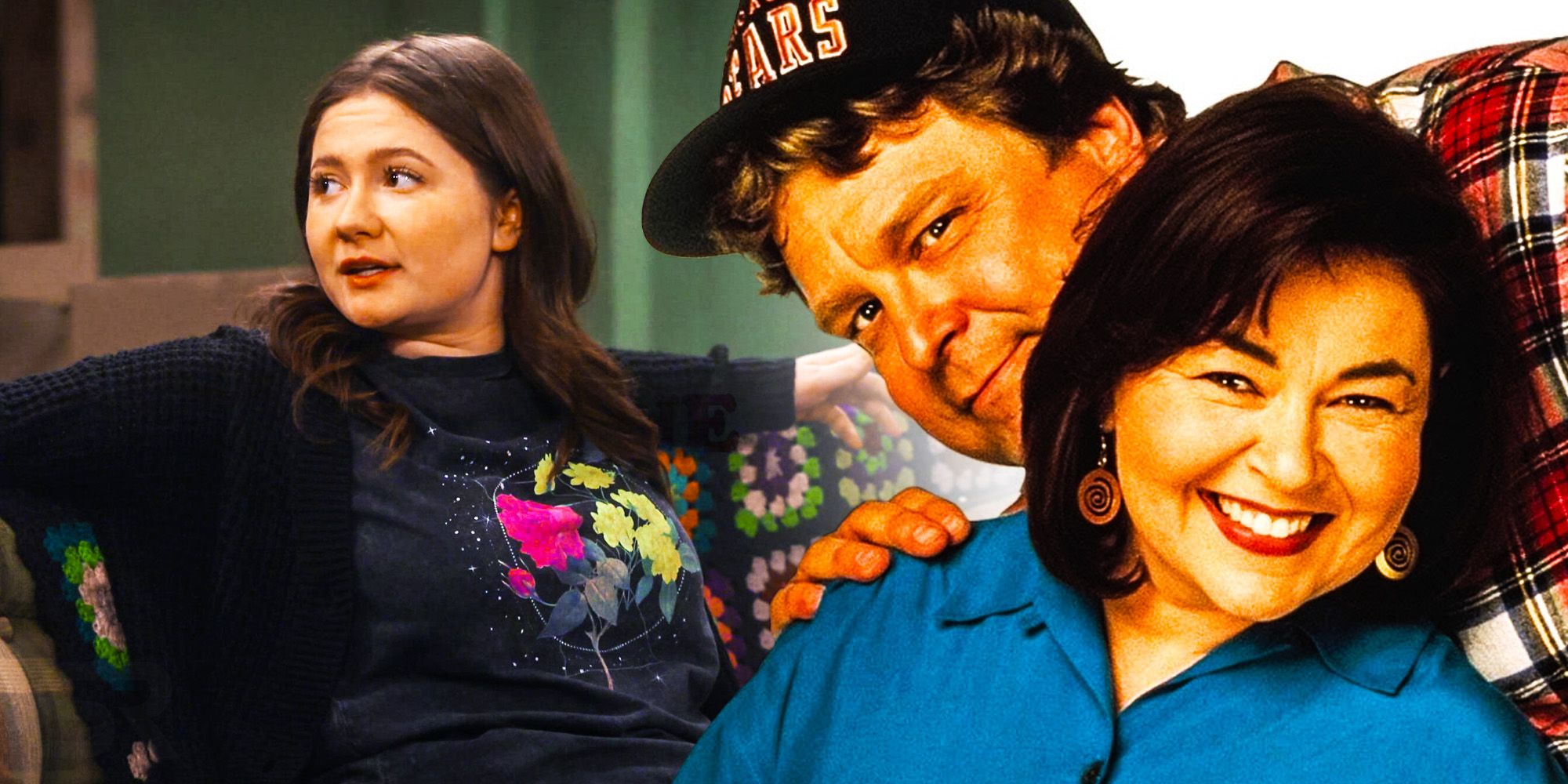 Split image of Harris in The Conners and Dan and Roseanne in Roseanne