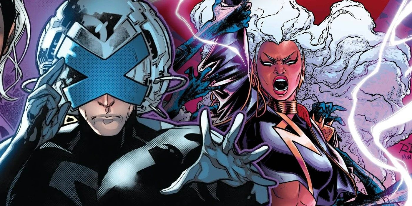 Krakoan Era Charles Xavier wearing a his Cerebro helmet (left); Storm wielding her powers (right)