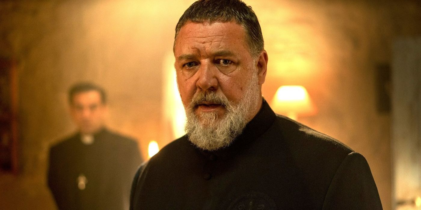 Russell Crowe looking worried in The Pope's Exorcist