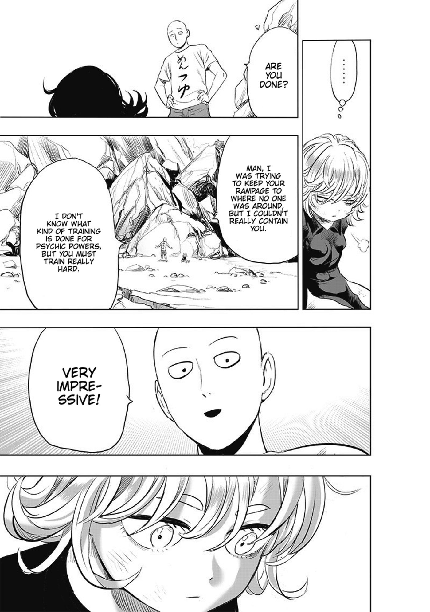 Saitama compliments Tatsumaki for her strength and calls her impressive