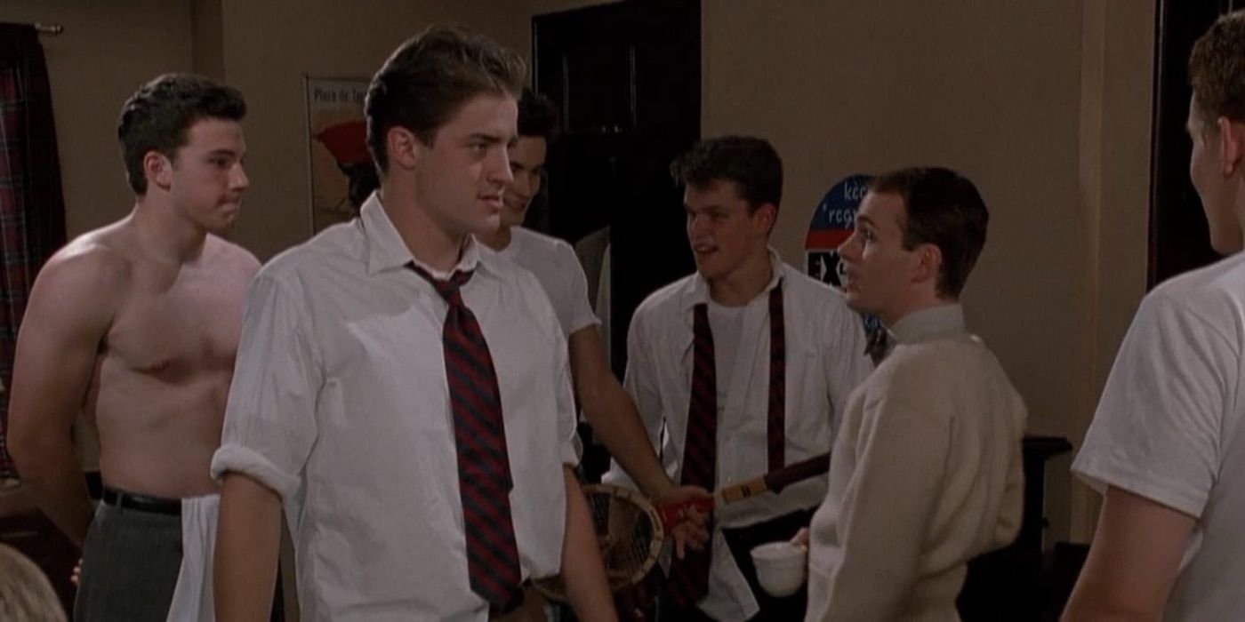 Brendan Fraser angrily looks at a group of boys from School Ties