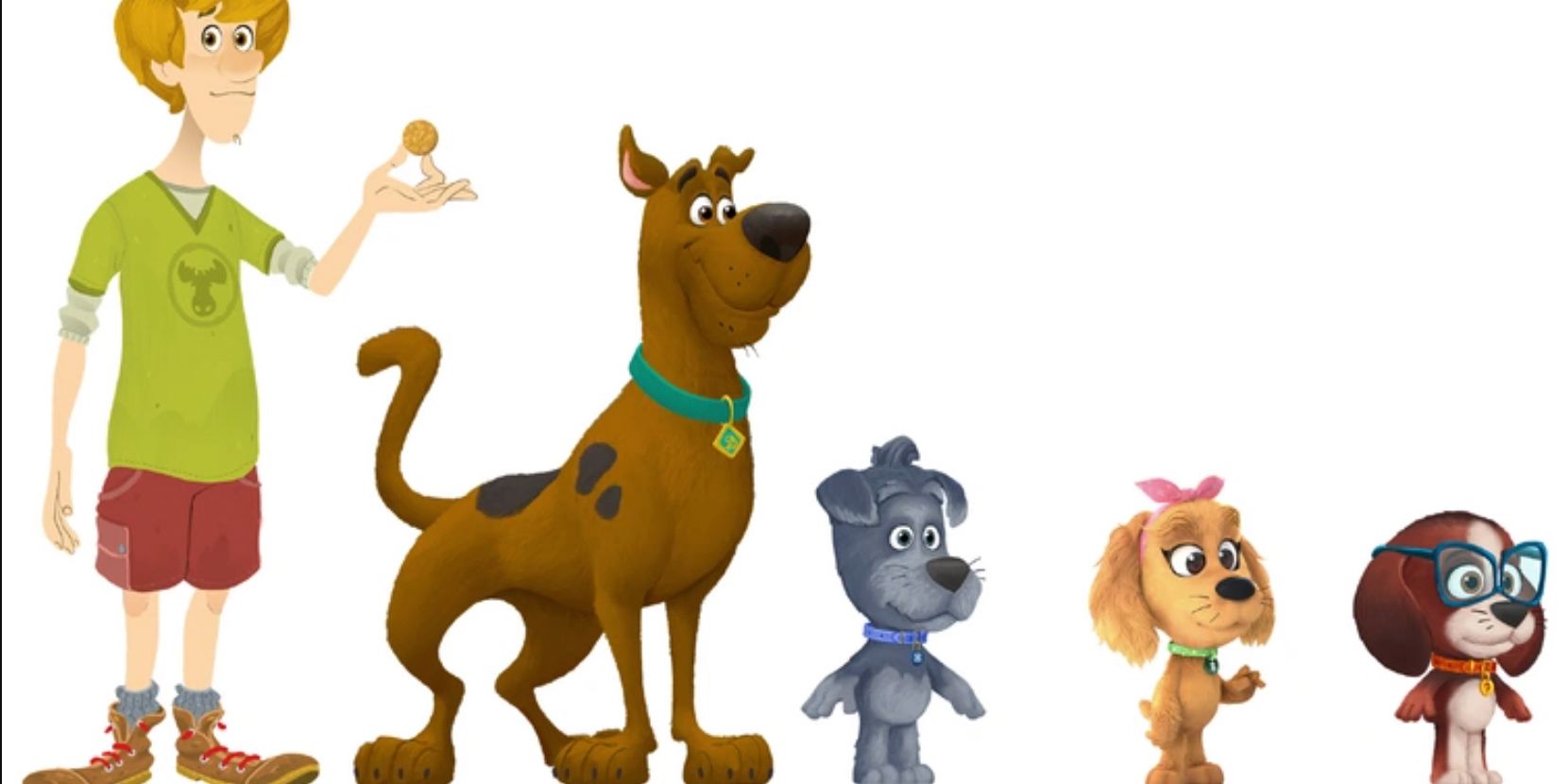 Scooby Doo and the Mystery Pups character art includes Shaggy, Scooby, and three puppies