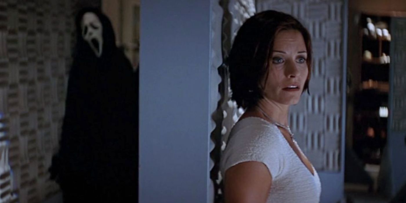 Ghostface stalks Courteney Cox's Gale in Scream 2.