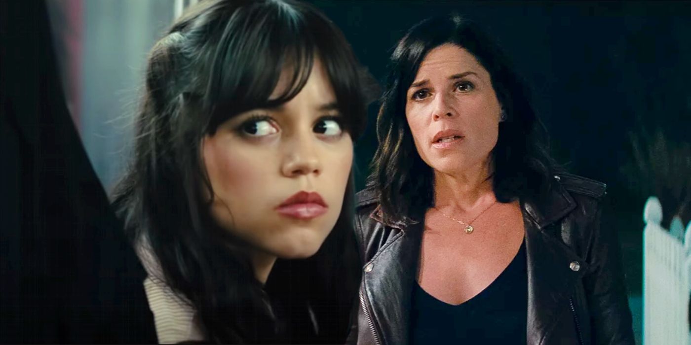 Custom image of Jenna Ortega in Scream 6 and Neve Campbell in Scream 5.