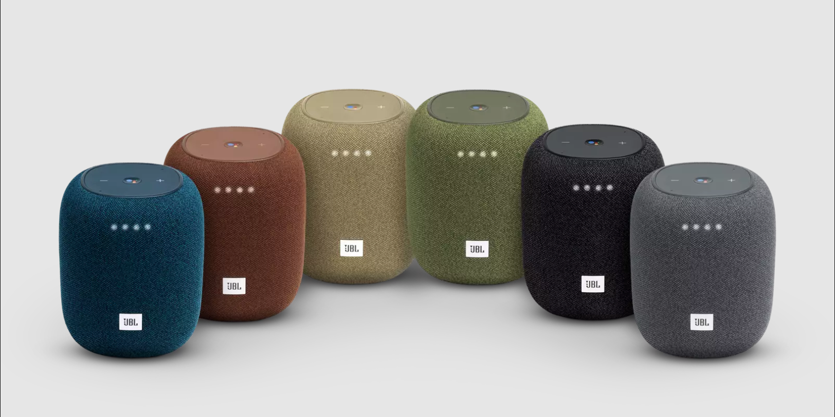 JBL Link Music pictured in blue, rust, gold, green, black, and gray