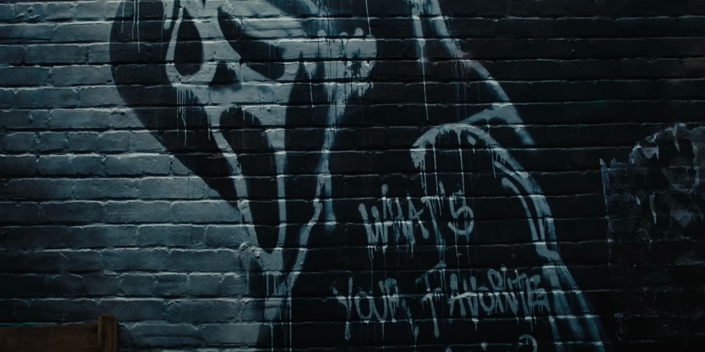 Graffiti of Ghostface on a wall, asking 