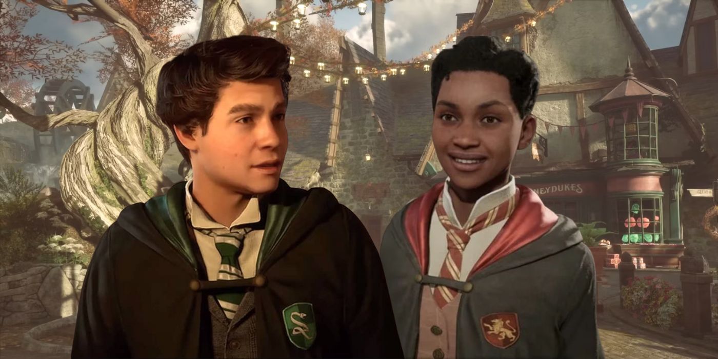Sebastian and Natty standing in front of a picture of Hogsmeade Village in Hogwarts Legacy
