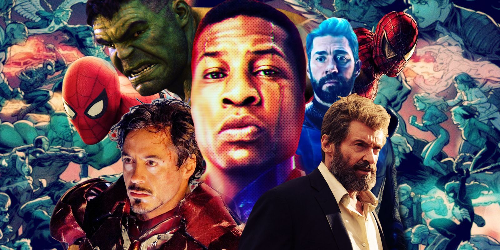 Secret Wars with Kang (Jonathan Majors) looking quite superior, Wolverine (Hugh Jackman) in Logan, Spider-Man (Tobey Maguire) perched, Spider-Man (Tom Holland) in a battle stance, Mister Fantastic (John Krasinski) emerging from a time door, Hulk (Mark Ruffalo) in a rage, and Iron Man (Robert Downey Jr.) with his mask off