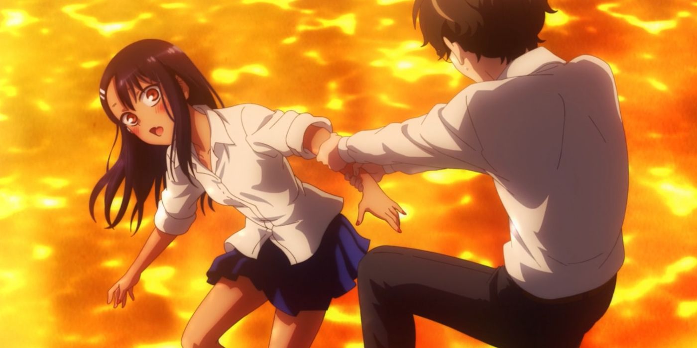 Senpai pega Nagatoro antes que ela caia em uma piscina em Don't Toy With Me Miss Nagatoro