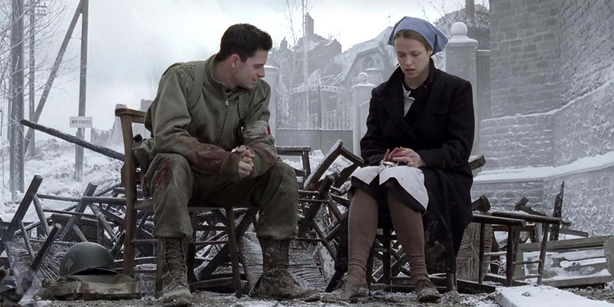 Shane Taylor as Eugene Rowe and Lucy Jane as René Lemaire in Band of Brothers Bastogne