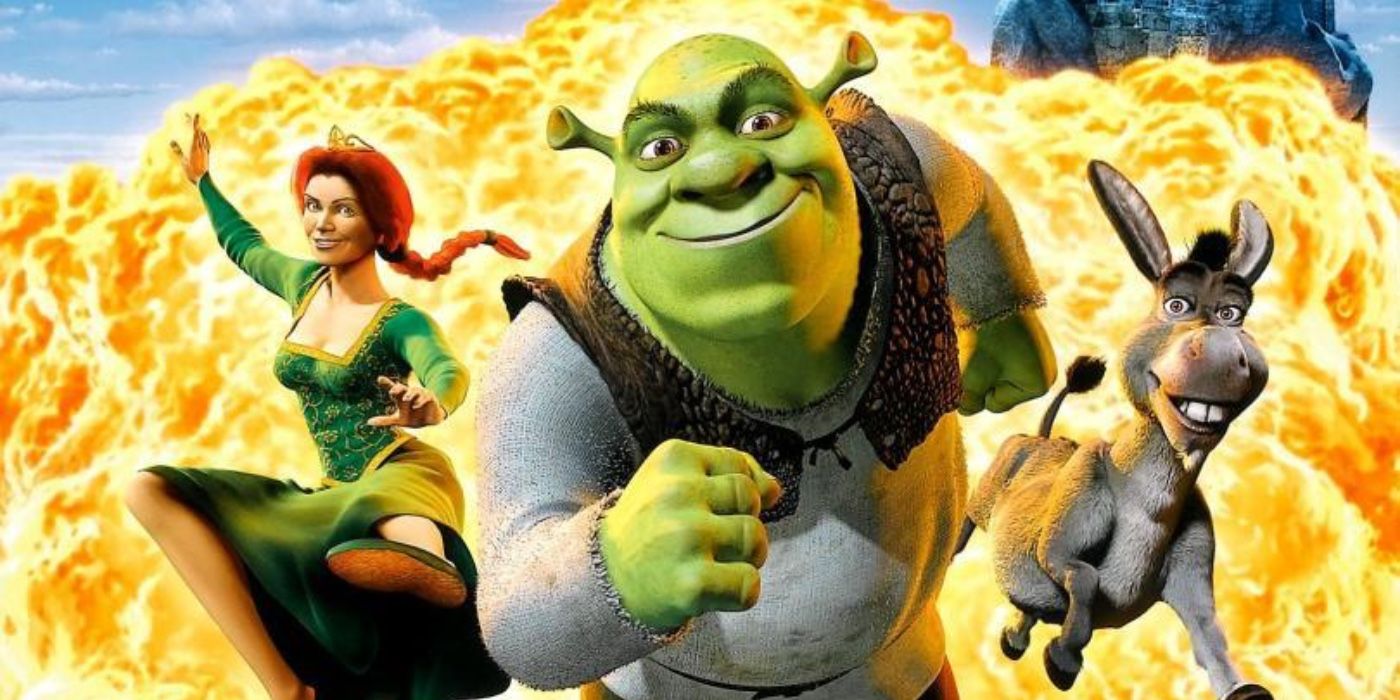 Shrek, Donkey, and Fiona run from a fire dragon at Shrek