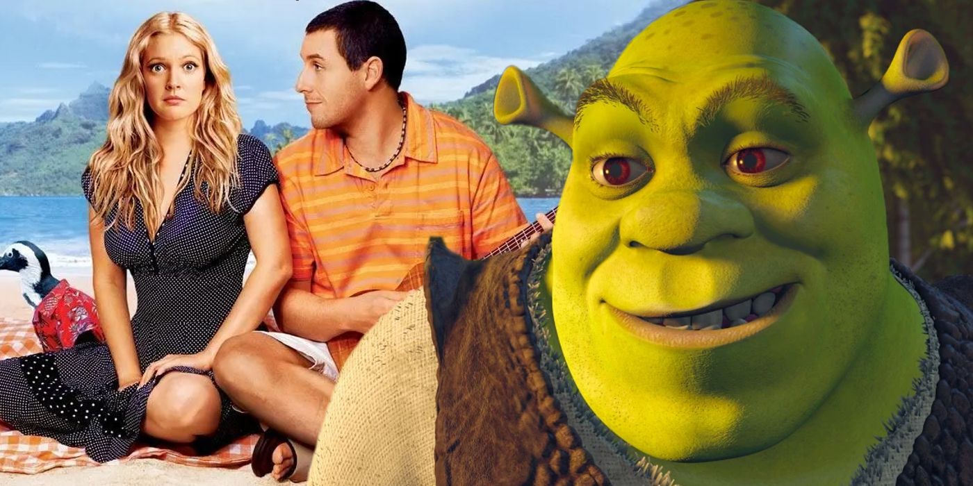 Shrek grinning next to the poster for 50 First Dates