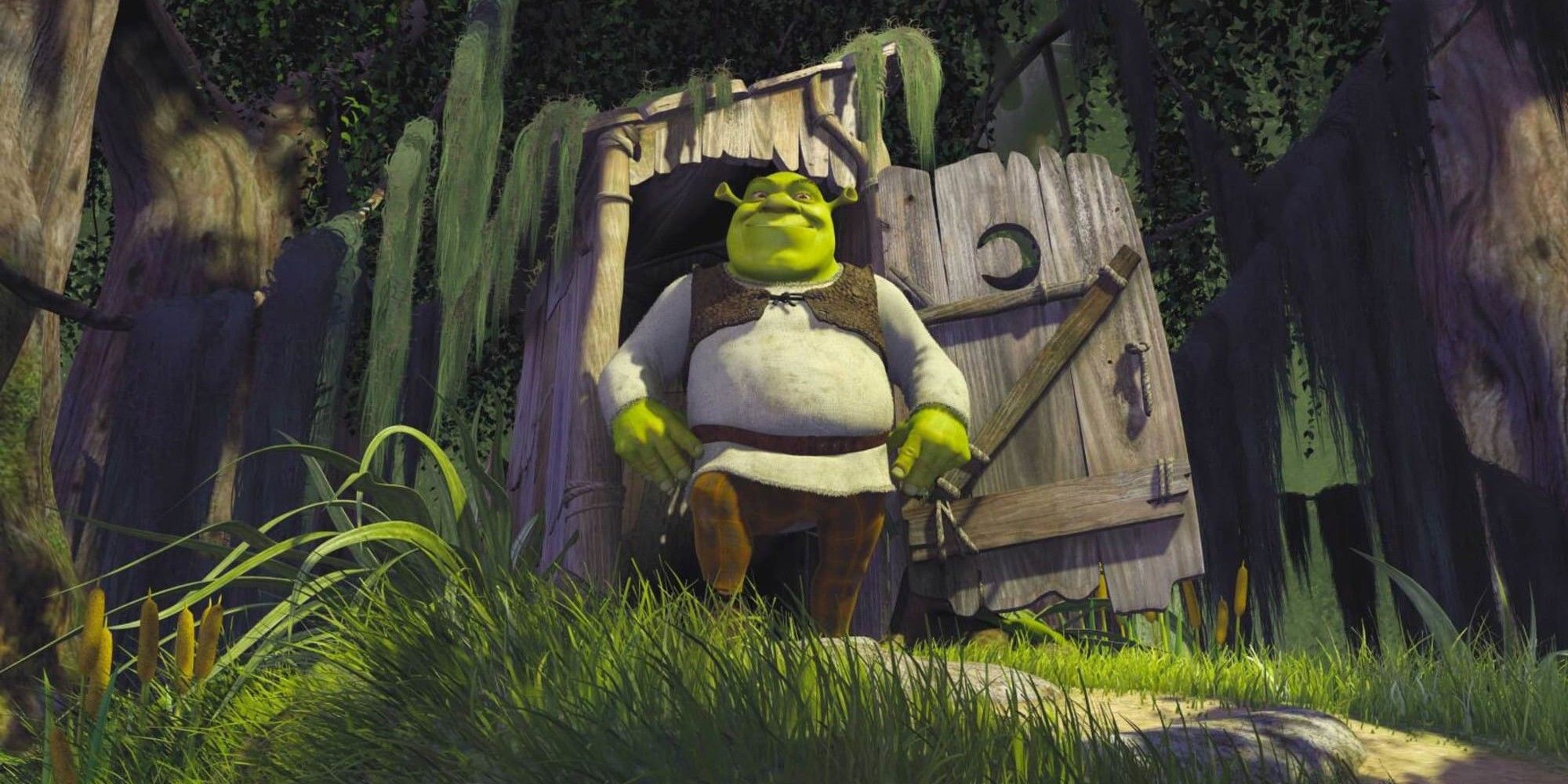 Shrek bursts from his outhouse in Shrek