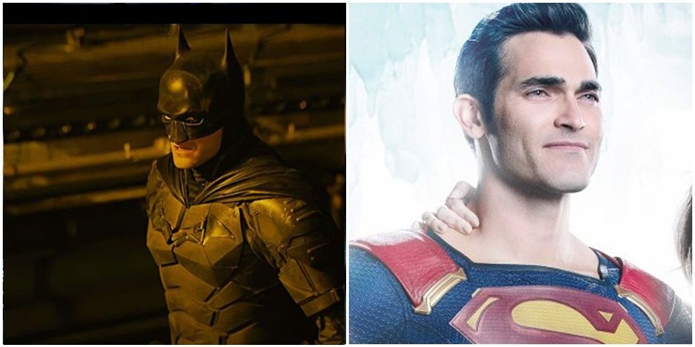 Side by side of Patinson Batman and Hoechlin Superman