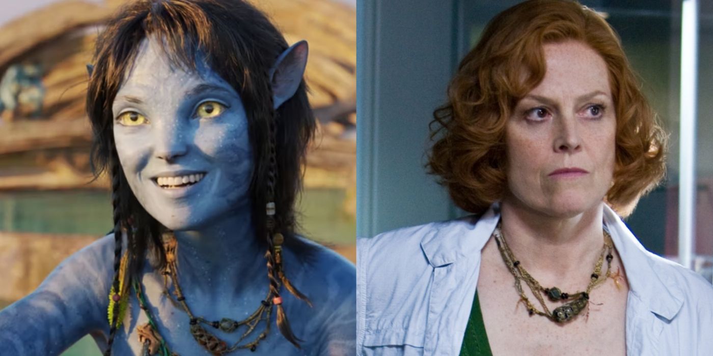 Split image of Kiri in Avatar: The Way of Water and Sigourney Weaver in Avatar