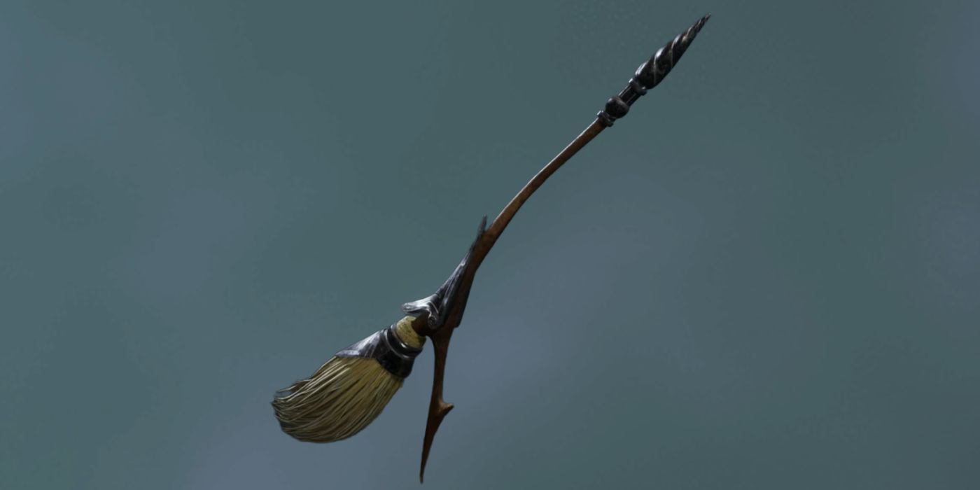 Una representación de la escoba flecha plateada en Hogwarts Legacy contra un fondo gris.