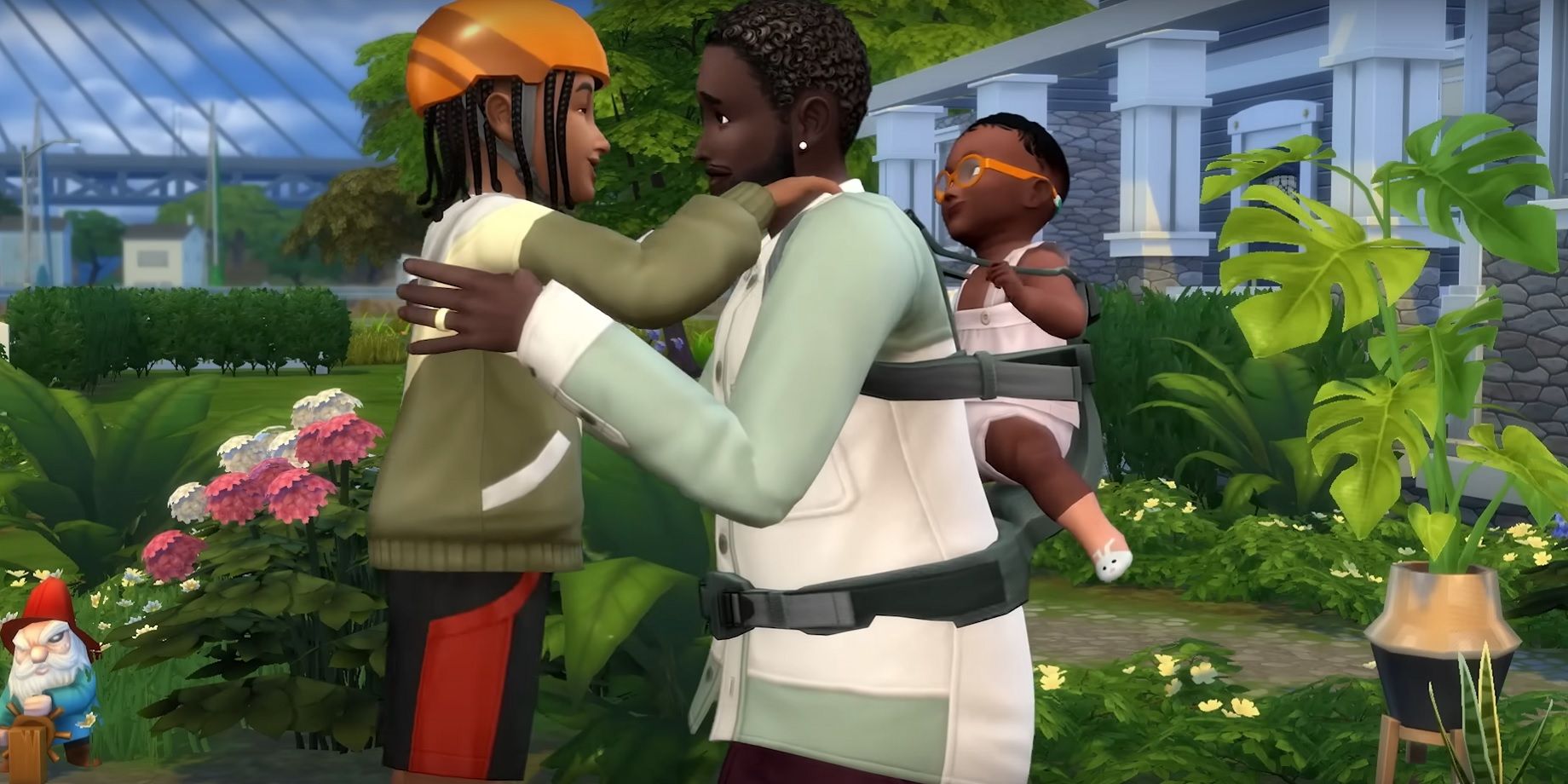 A father in The Sims 4 Growing Together holds his two children with joy.
