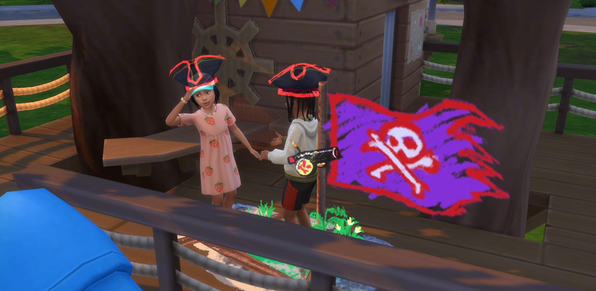 La casa del árbol de Sims 4 Growing Together donde dos niños juegan juntos a piratas imaginarios.