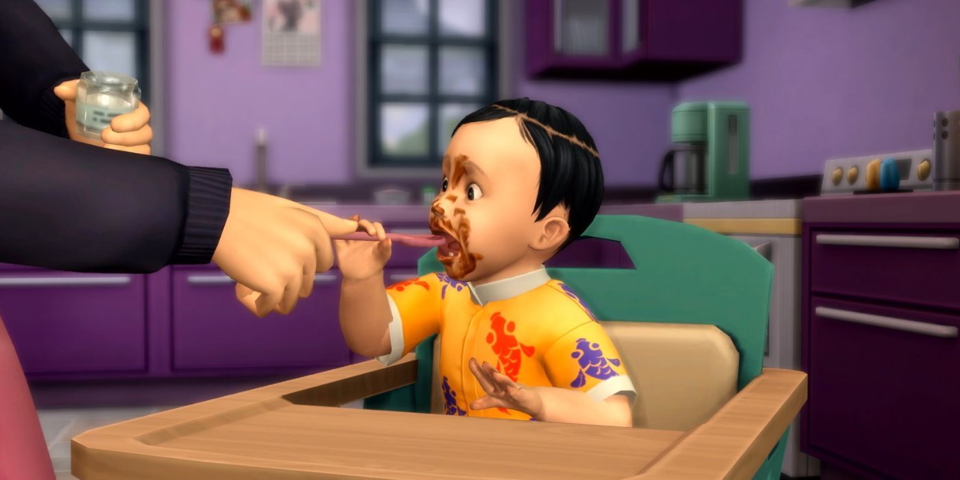 A Sims 4 infant sitting in a high chair and being spoon fed with food smeared all over their face.