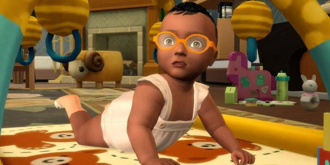 A Sims 4 infant wearing glasses stares at the viewer