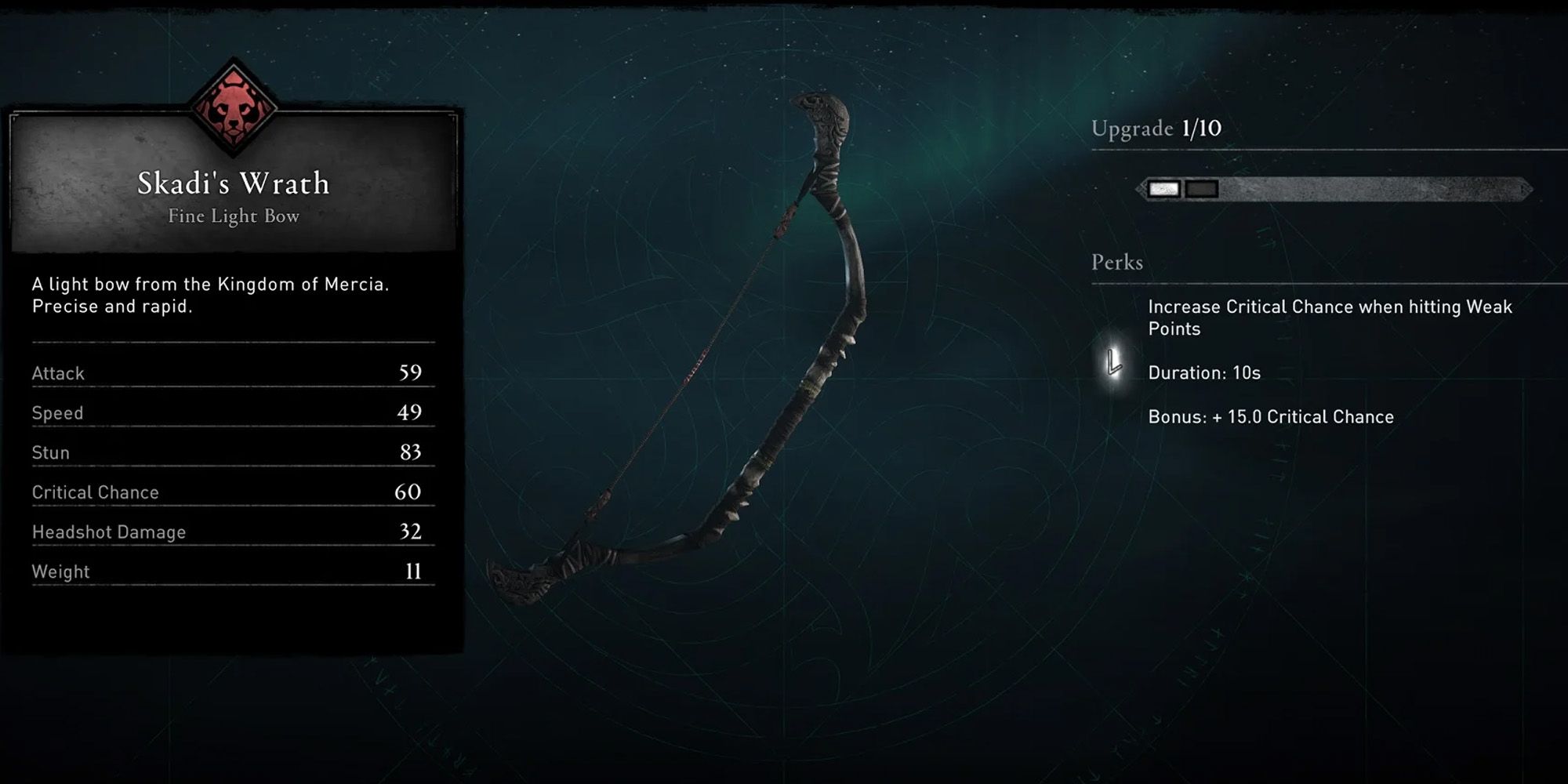 Image of the Skadi's Wrath bow and its stats in Assassin's Creed Valhalla