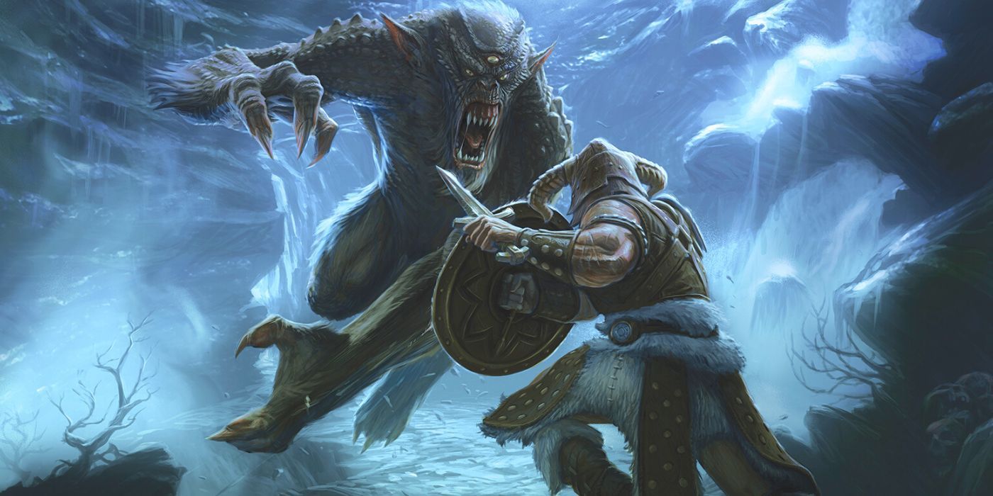 Official Skyrim concept art depicting the Dragonborn fighting a Frost Troll with a one-handed sword and shield.