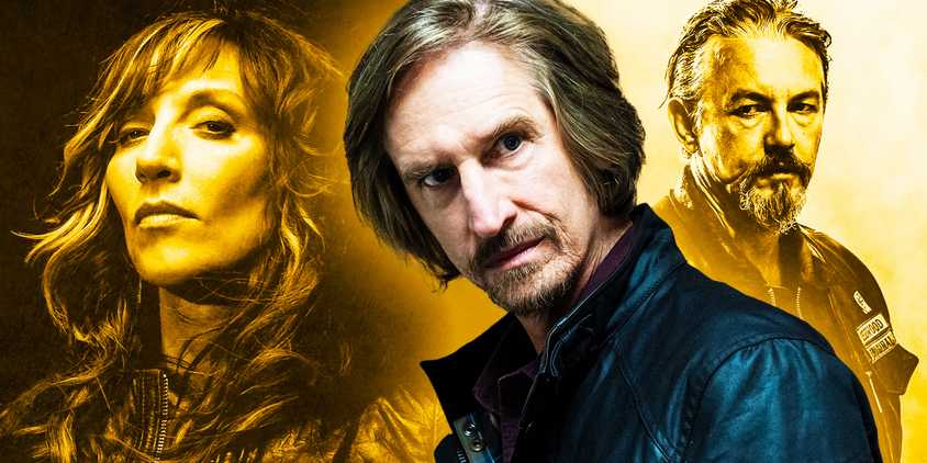 Blended image of Gemma Teller (Katey Sagal), Lincoln Potter (Ray McKinnon), and Chibs Telford (Tommy Flanagan) in Sons of Anarchy