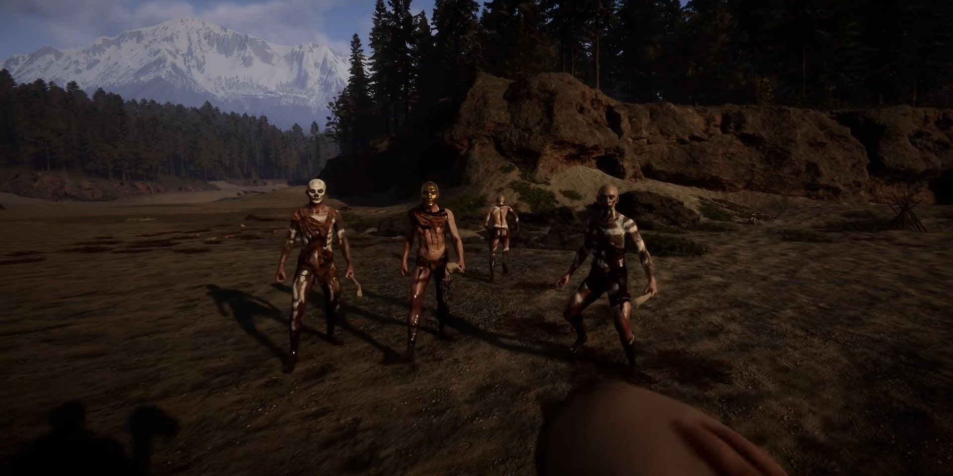 A group of cannibals stare at the player in Sons of the Forest