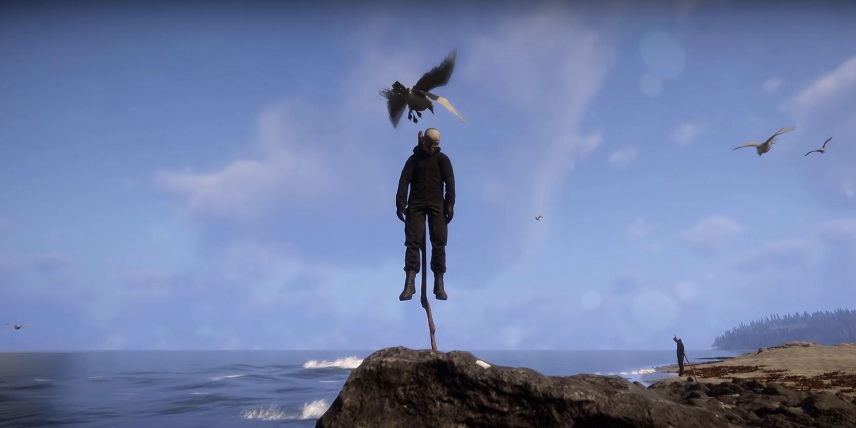 A body on a spike being pecked by birds on the beach in Sons of the Forest.
