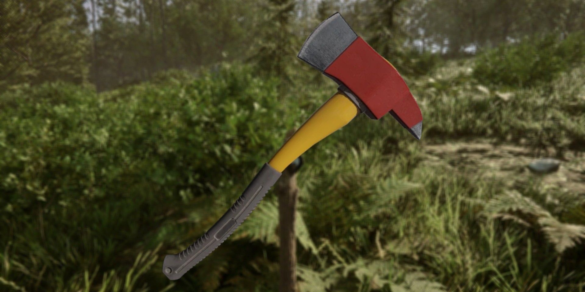 The firefighter axe sits on a blurry background of a GPS locator in Sons of the Forest