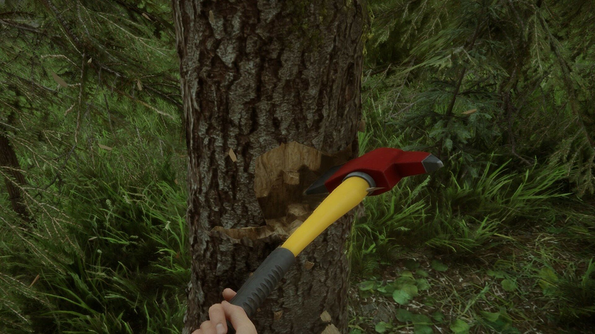 The player uses the firefighter axe in Sons of the Forest to chop down a tree.