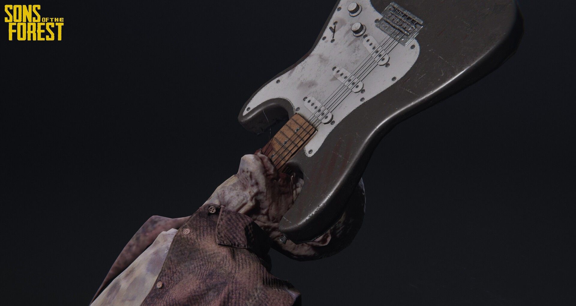 An electric guitar sticks out of the throat of a dead man in Sons of the Forest