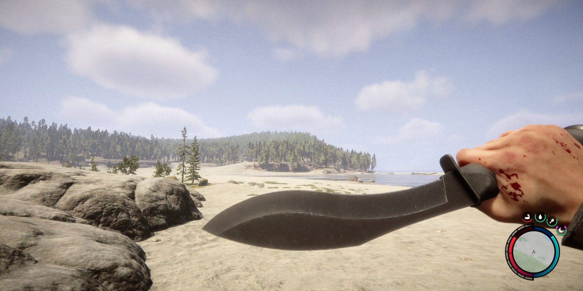 The player checks out their machete on a beach in Sons of the Forest