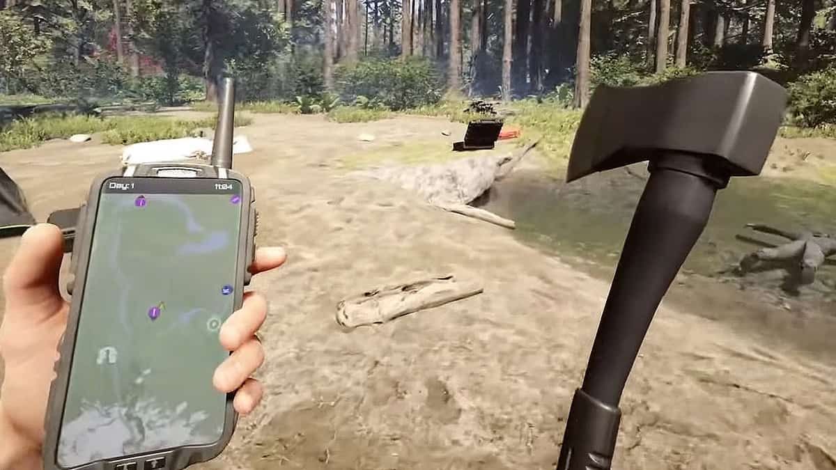 The player in Sons of the Forest holds a GPS and modern axe.