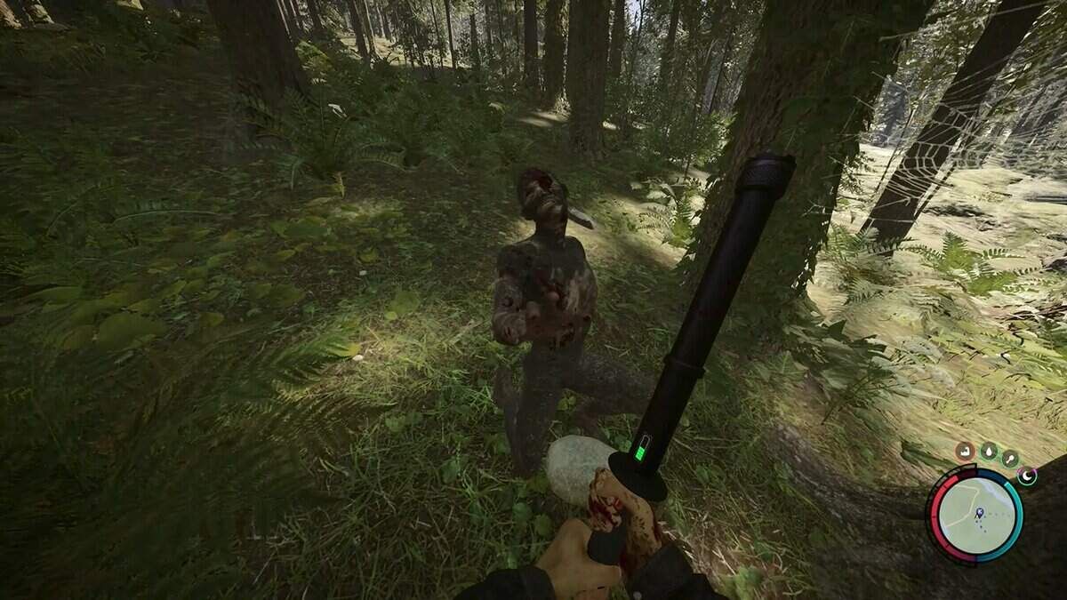 The player of Sons of the Forest wields a stun baton against a cannibal in a summertime forest.