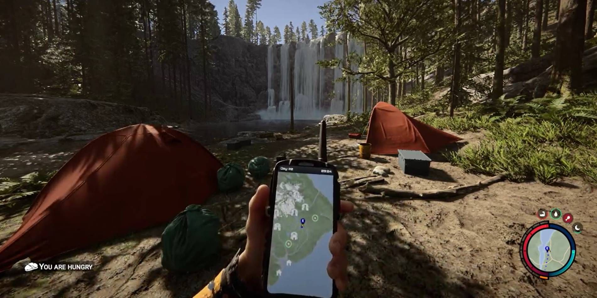 Sons of the Forest Campsite Location to the Southwest with Winter Jacket Item in One of Two Tents