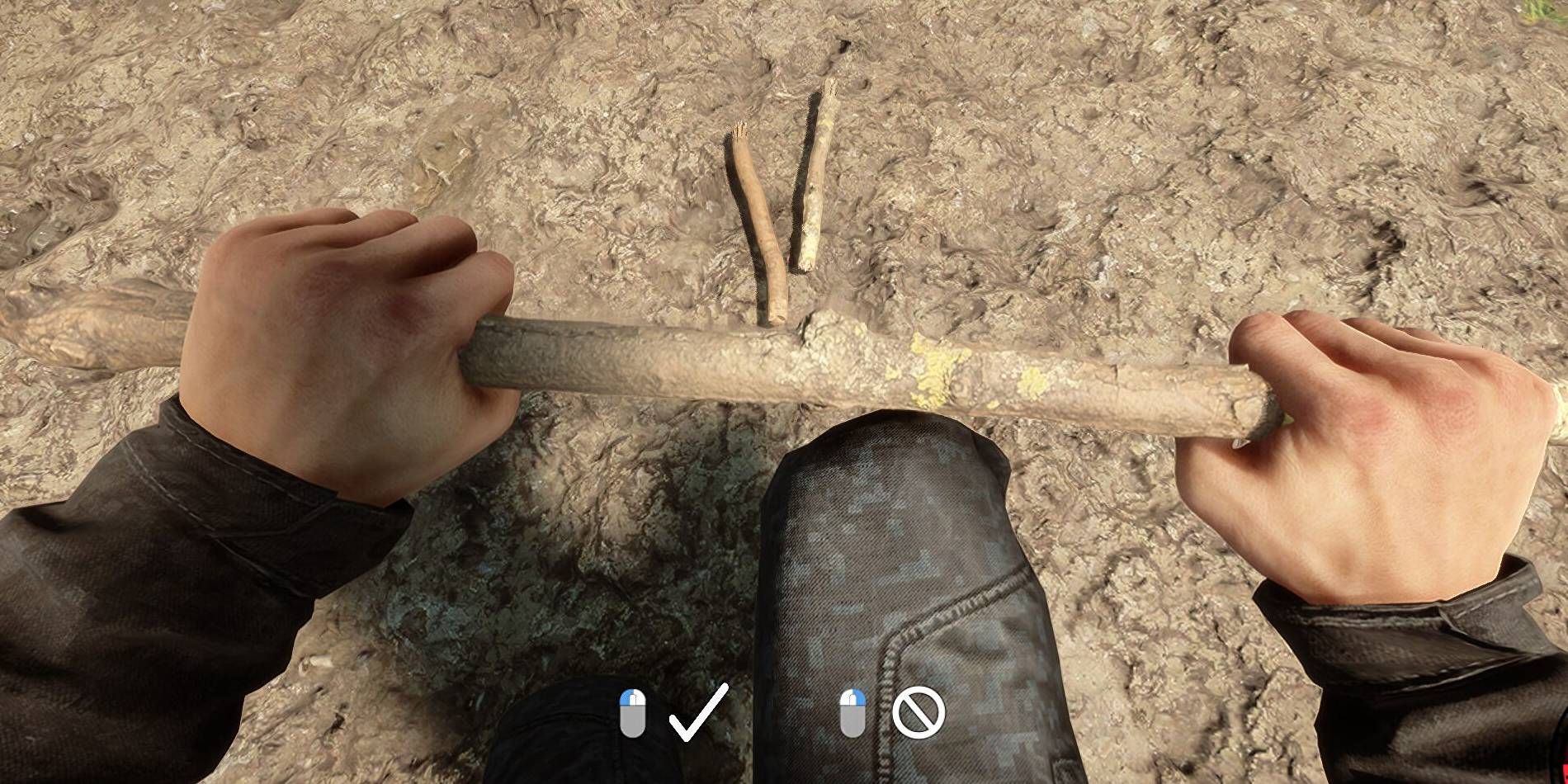 Sons of the Forest Different Stick Prompts for Player to Either Break Them for Fire or Stick One in Ground