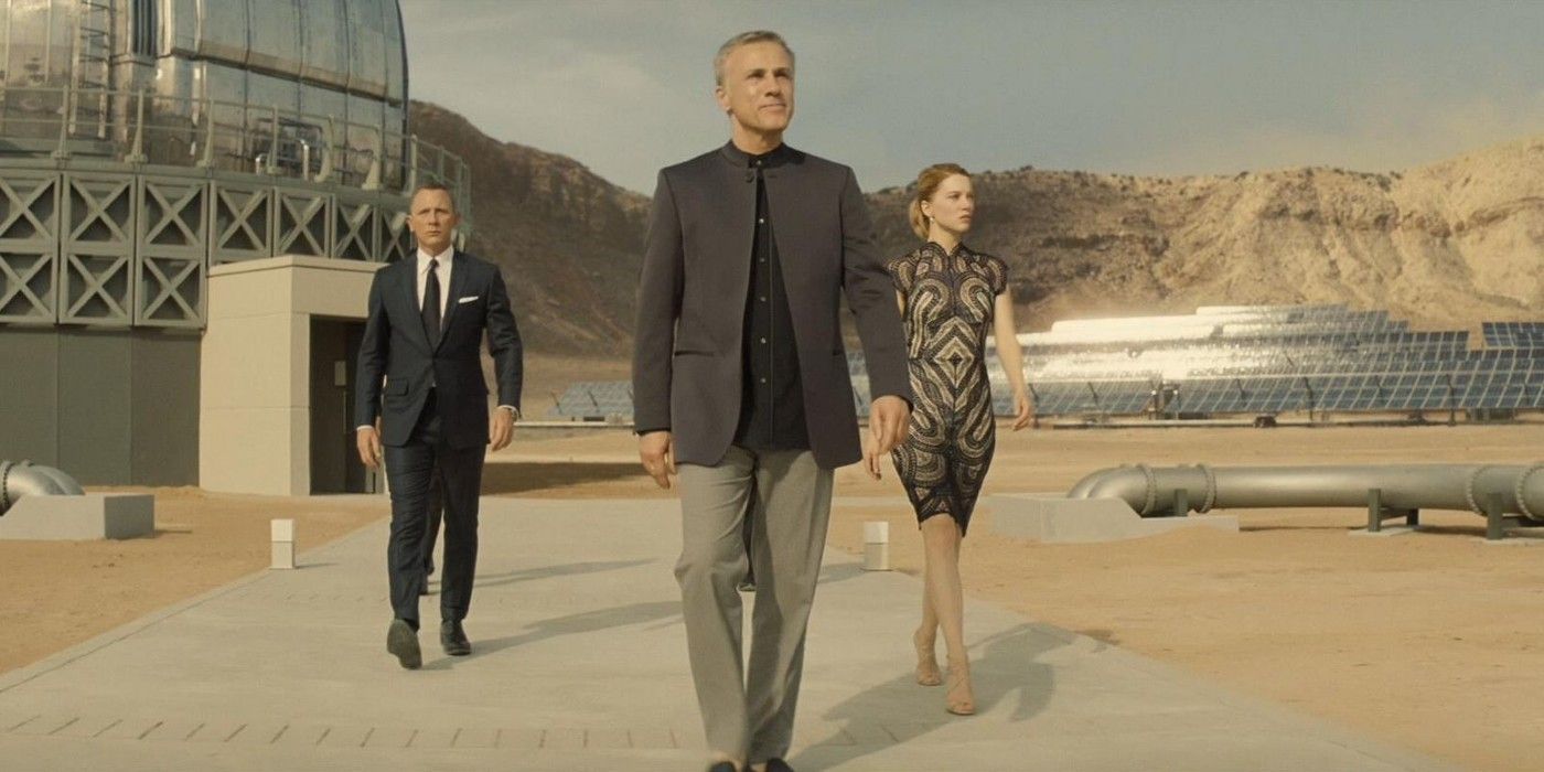 James Bond and Blofeld walk through Blofeld's lair in Spectre