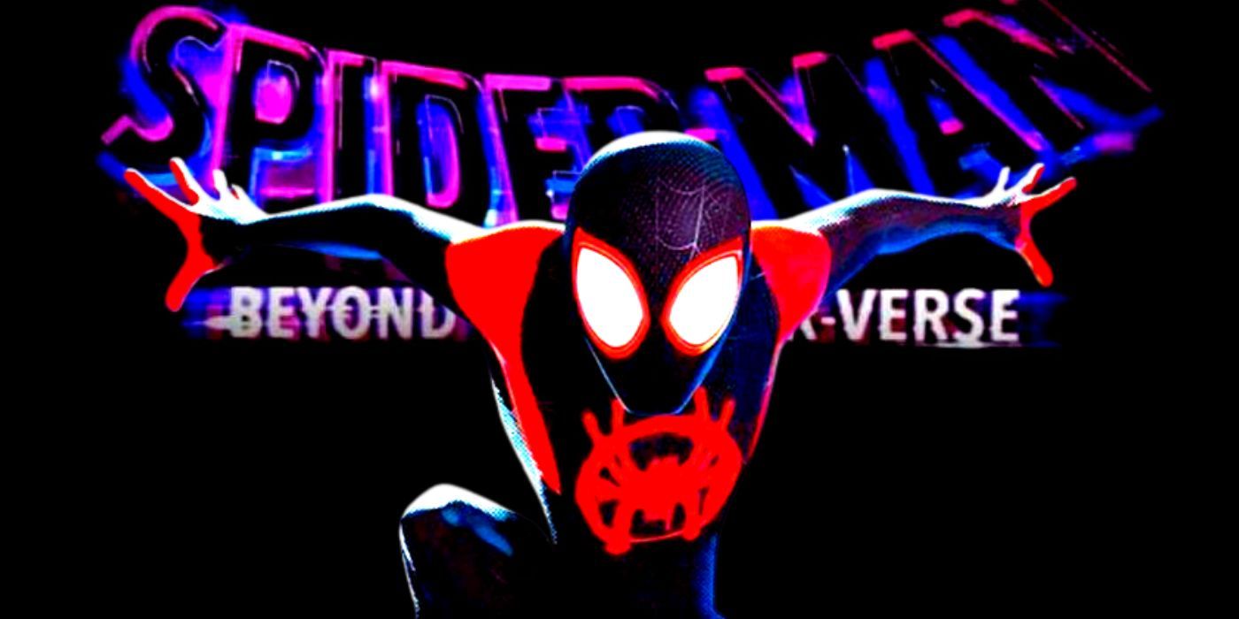 Miles Morales in front of the Spider-Man Beyond The Spider-Verse logo.