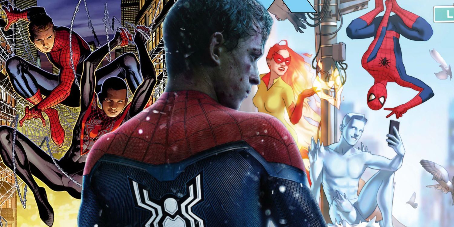 Split Image of Peter Parker & Miles Morales, Tom Holland as Spider-Man for Spider-Man: No Way Home, & Spider-Man, Firestar, and Iceman together