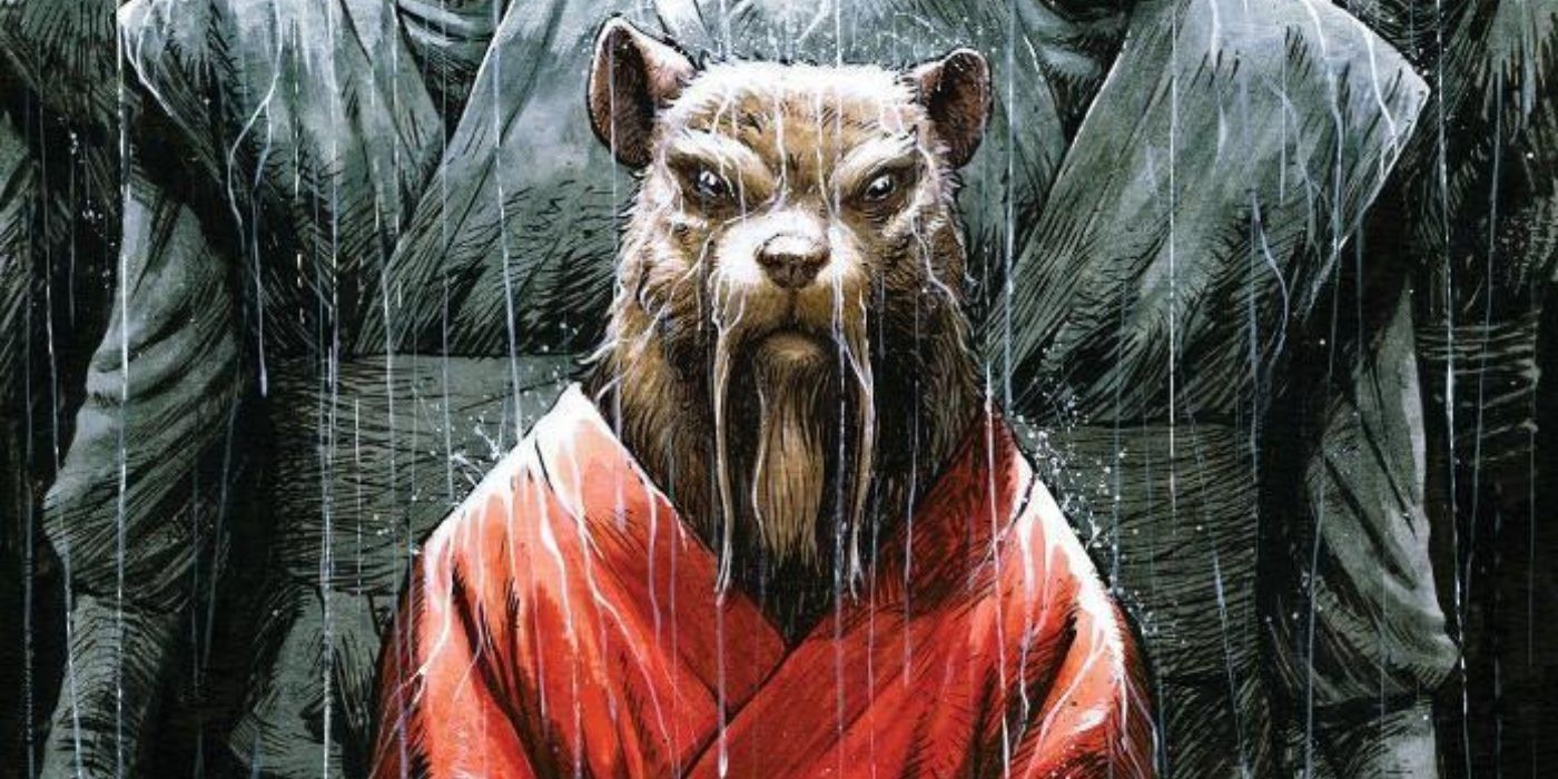 TMNT's Splinter in the pouring rain, with two ninjas flanking him (background.)