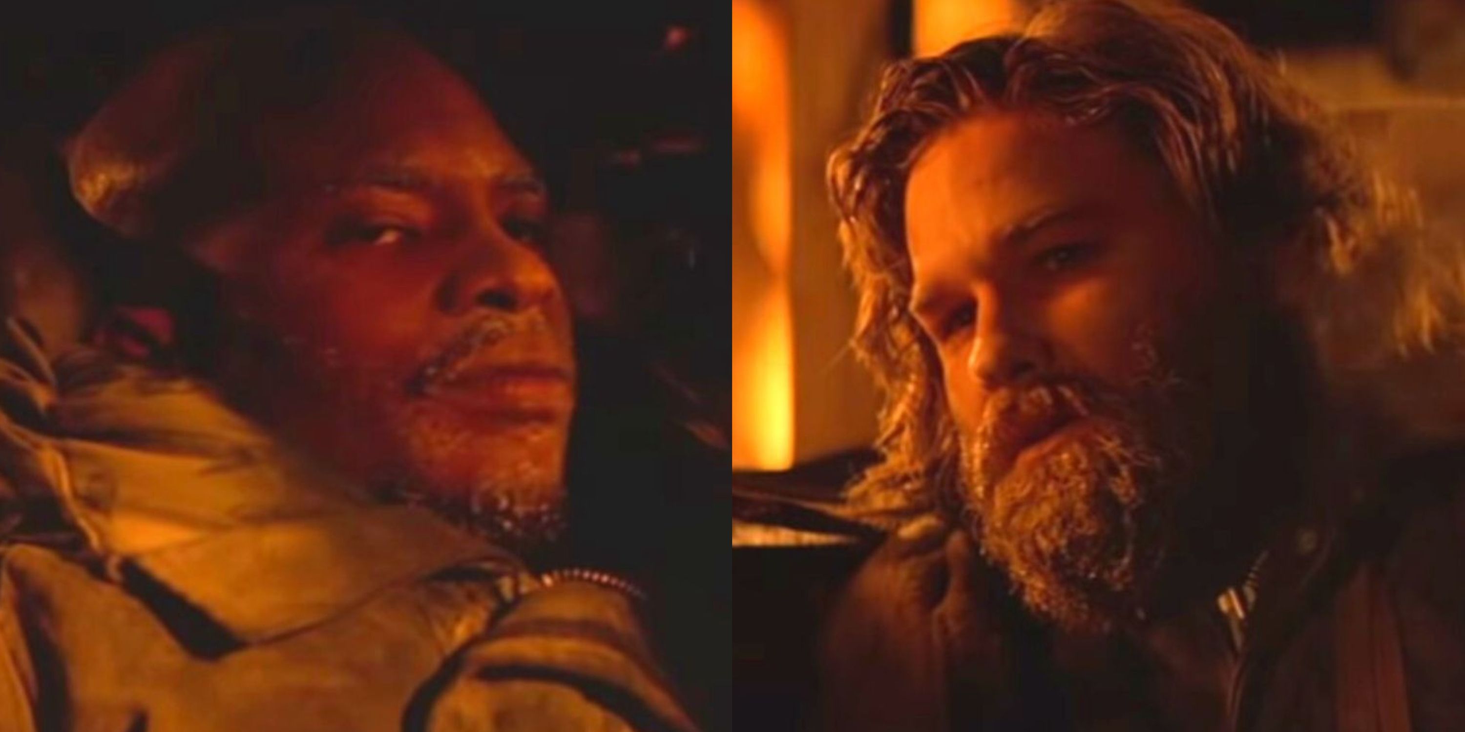 Split image of MacReady and Childs at the end of The Thing