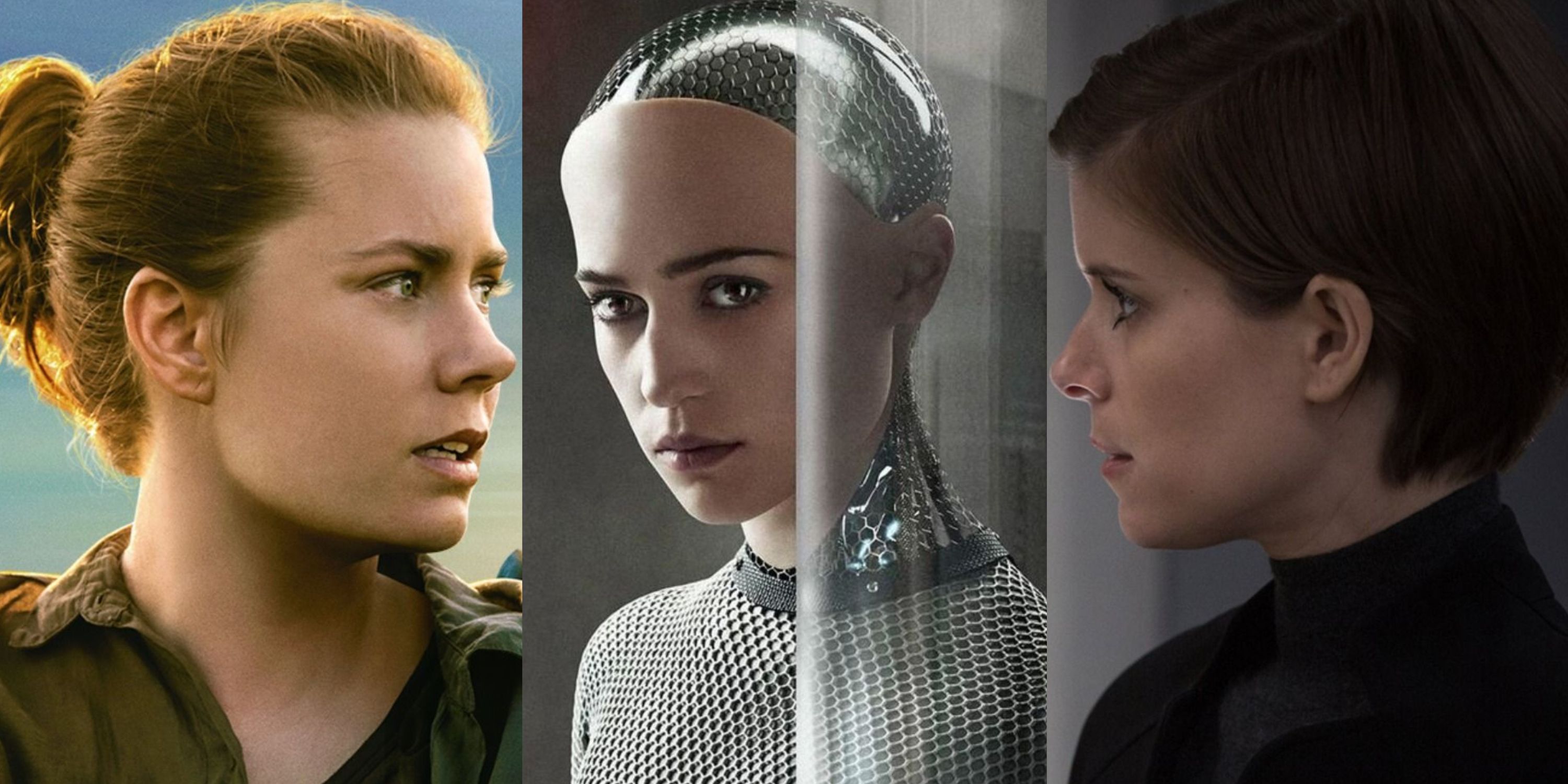 Split image of main characters from Arrival, Ex Machina, and Morgan