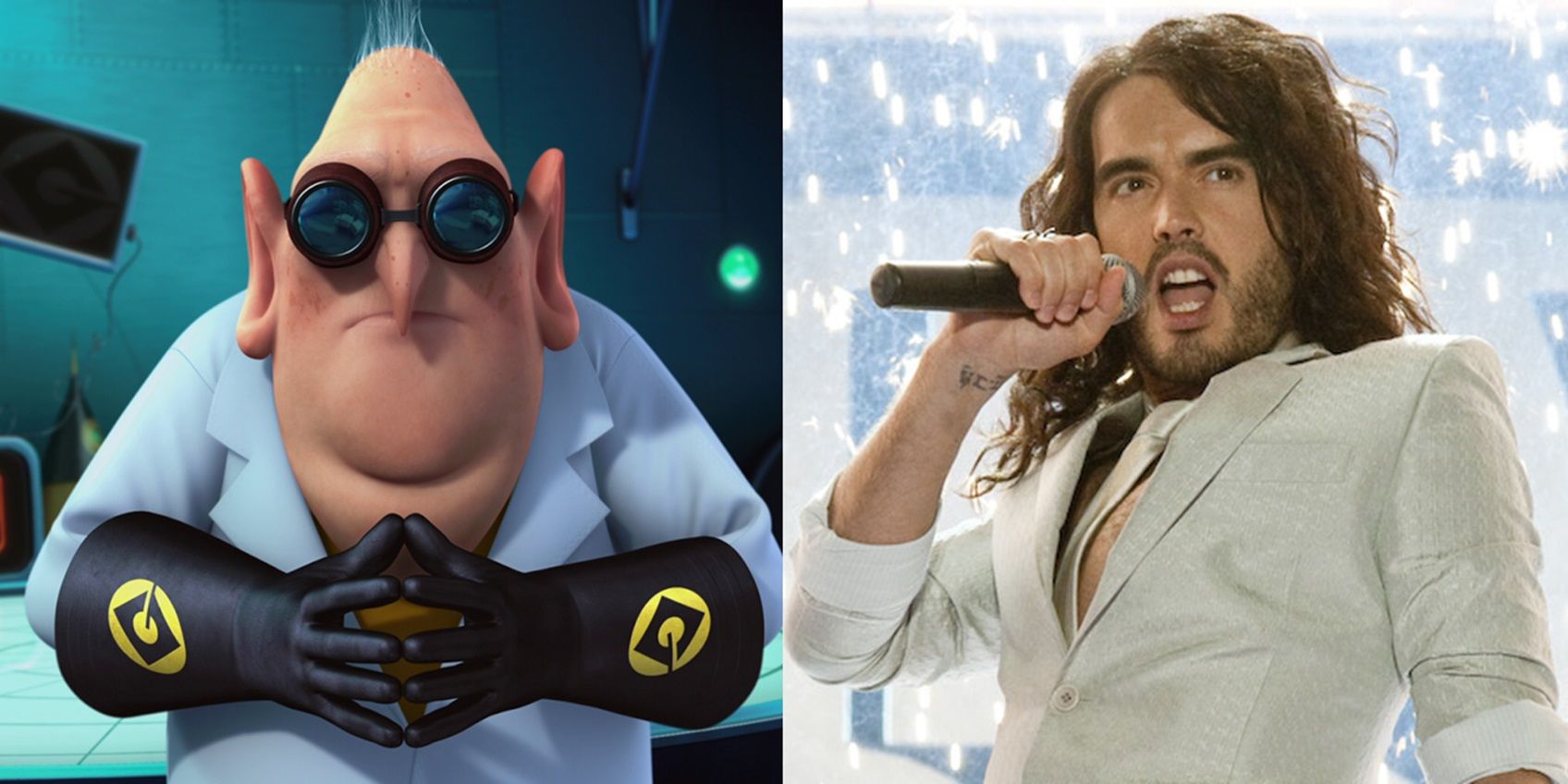 Split image of Dr Nefario in Despicable Me and Russell Brand in Get Him to the Greek