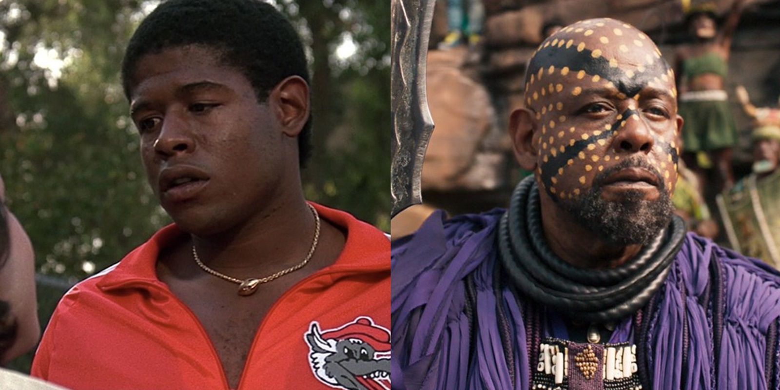 A split shot of Forest Whitaker in Fast Times at Ridgemont High and Black Panther