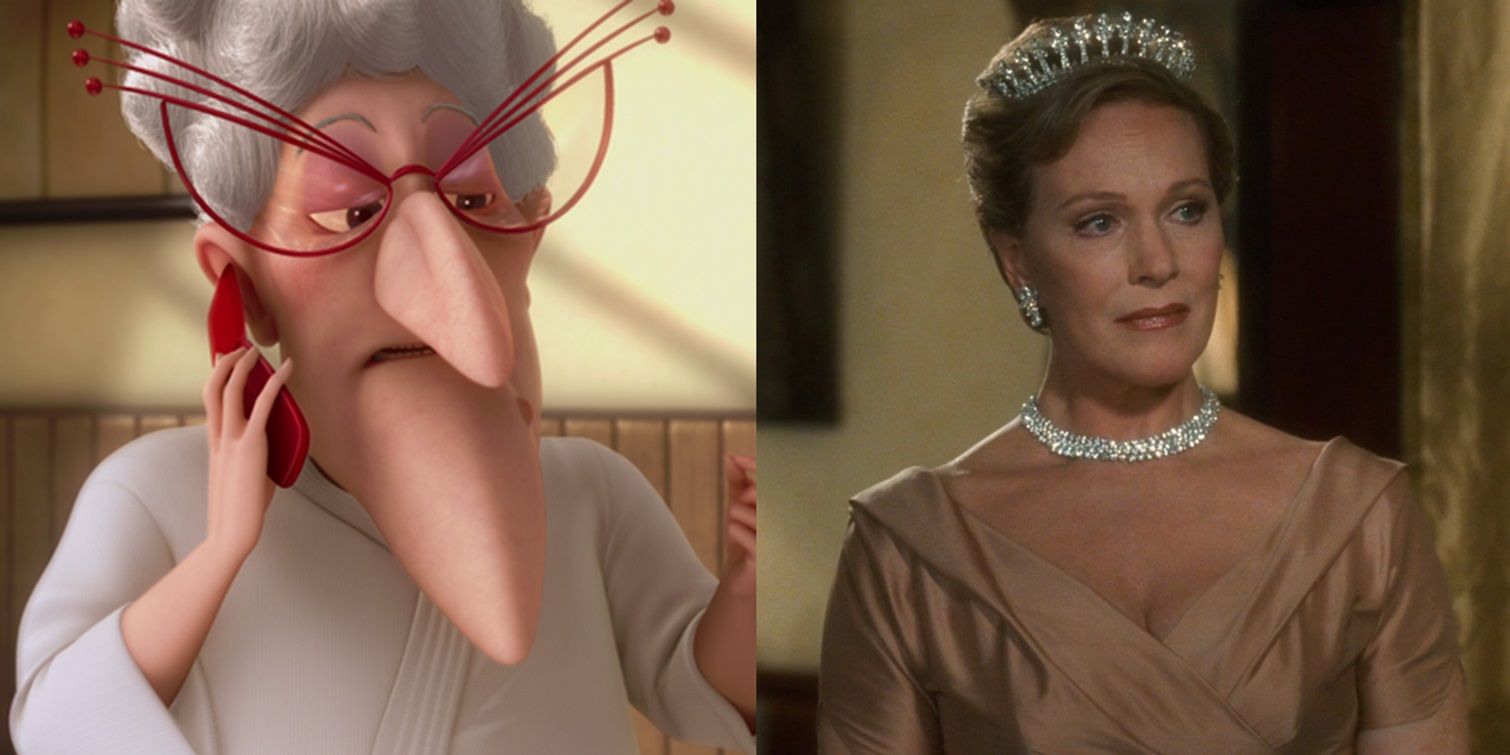 Split image of Gru's mom in Despicable Me and Julie Andrews in The Princess Diaries