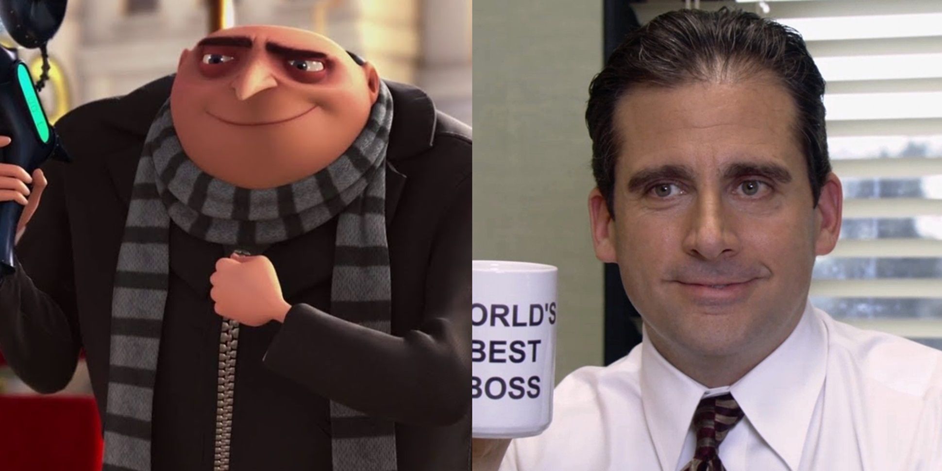 Split image of Gru in Despicable Me and Steve Carell in The Office