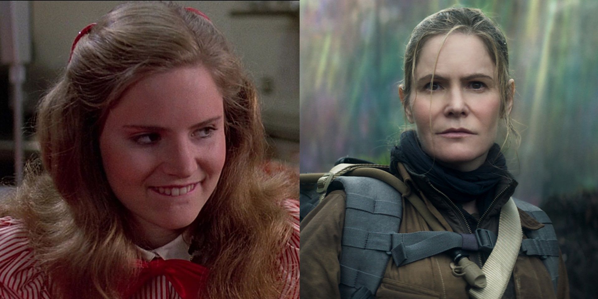 Split image of Jennifer Jason Leigh in Fast Times at Ridgemont High and Annihilation